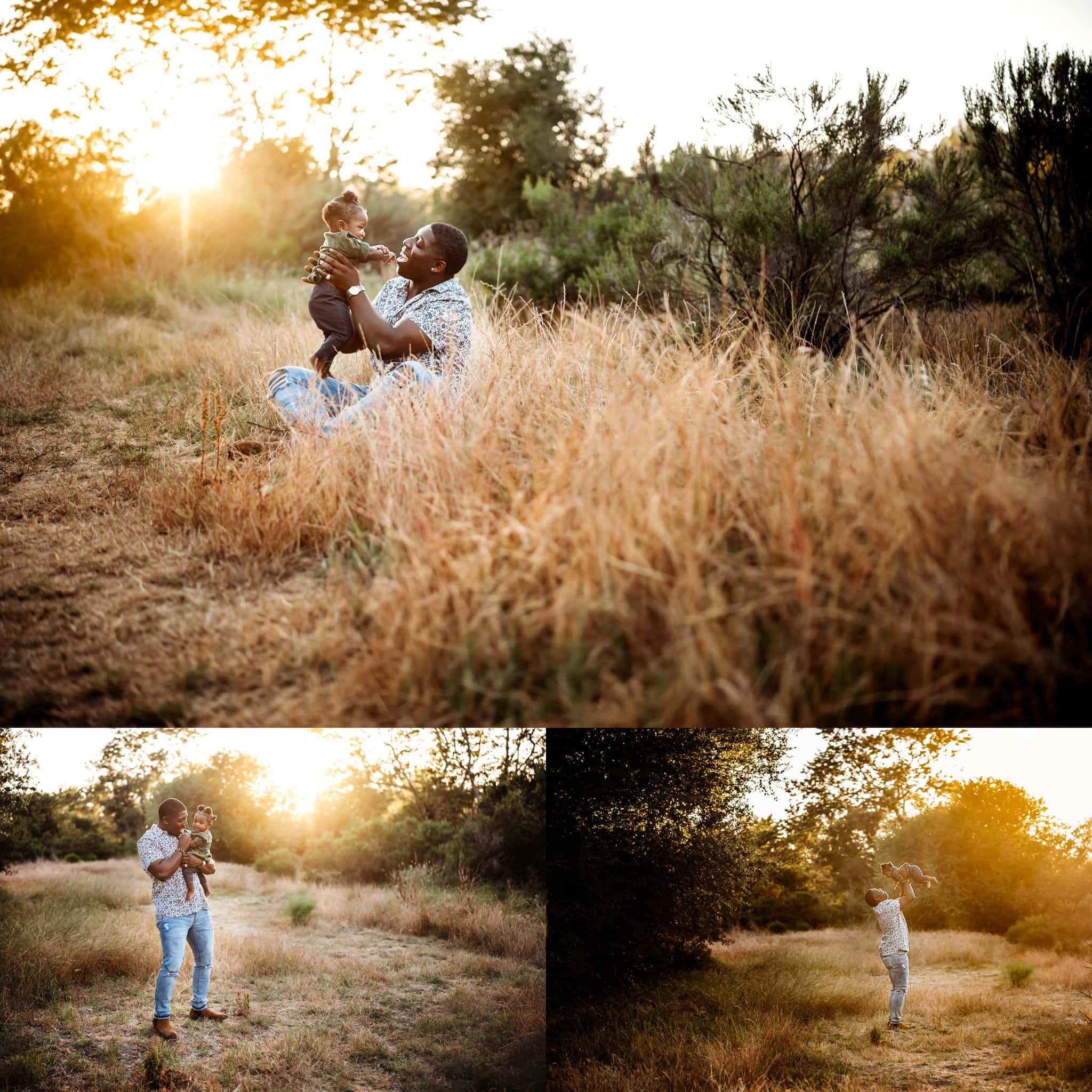 Father and 8 month old baby girl play together in a field with golden light