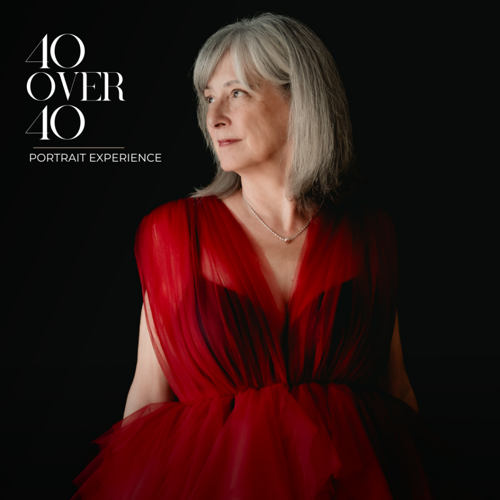 40 over 40 Portrait Experience in text overlay with woman in her 60s in red dress