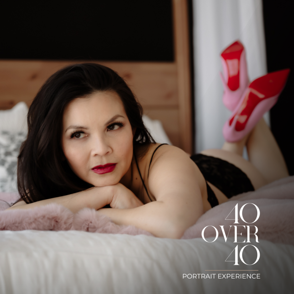 40 over 40 Portrait Experience in text overlay with woman in her 40s laying on bed